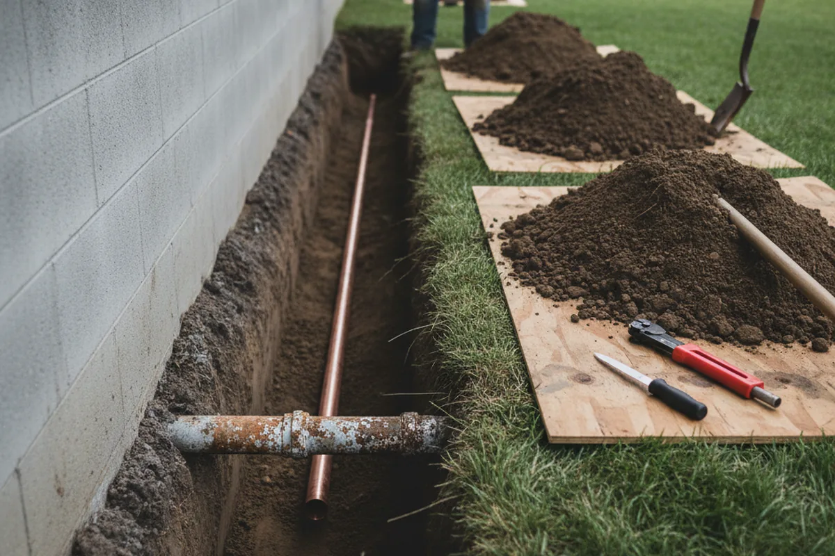 Excavated water line trench during Water Heater Repair in New Waterford